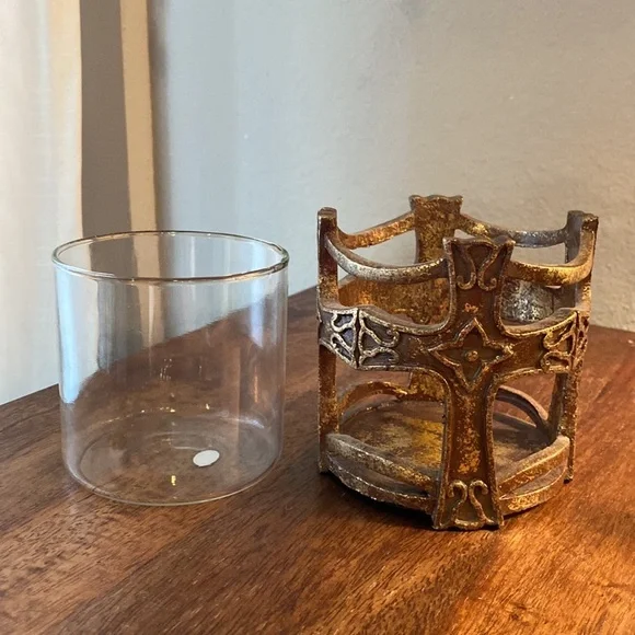 Brown gold bronze candle holder and glass insert home decor with cross design​​ - Picture 5 of 13
